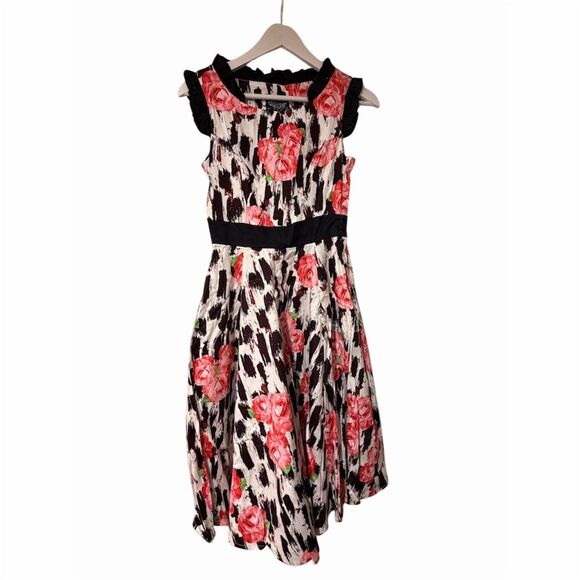 Hearts & Roses Floral A-Line Dress Multicolor Ruffle Cap Sleeves - Picture 3 of 4